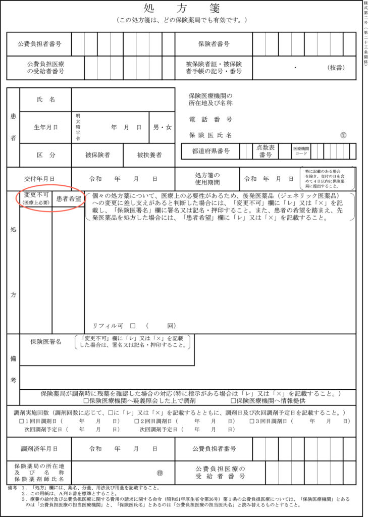 選定療養開始による処方箋様式変更