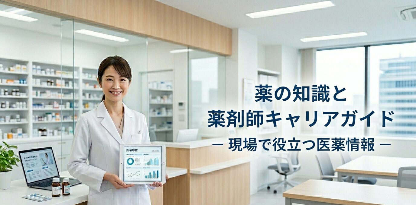 薬局内でタブレットを持つ薬剤師のトップページヒーロー画像