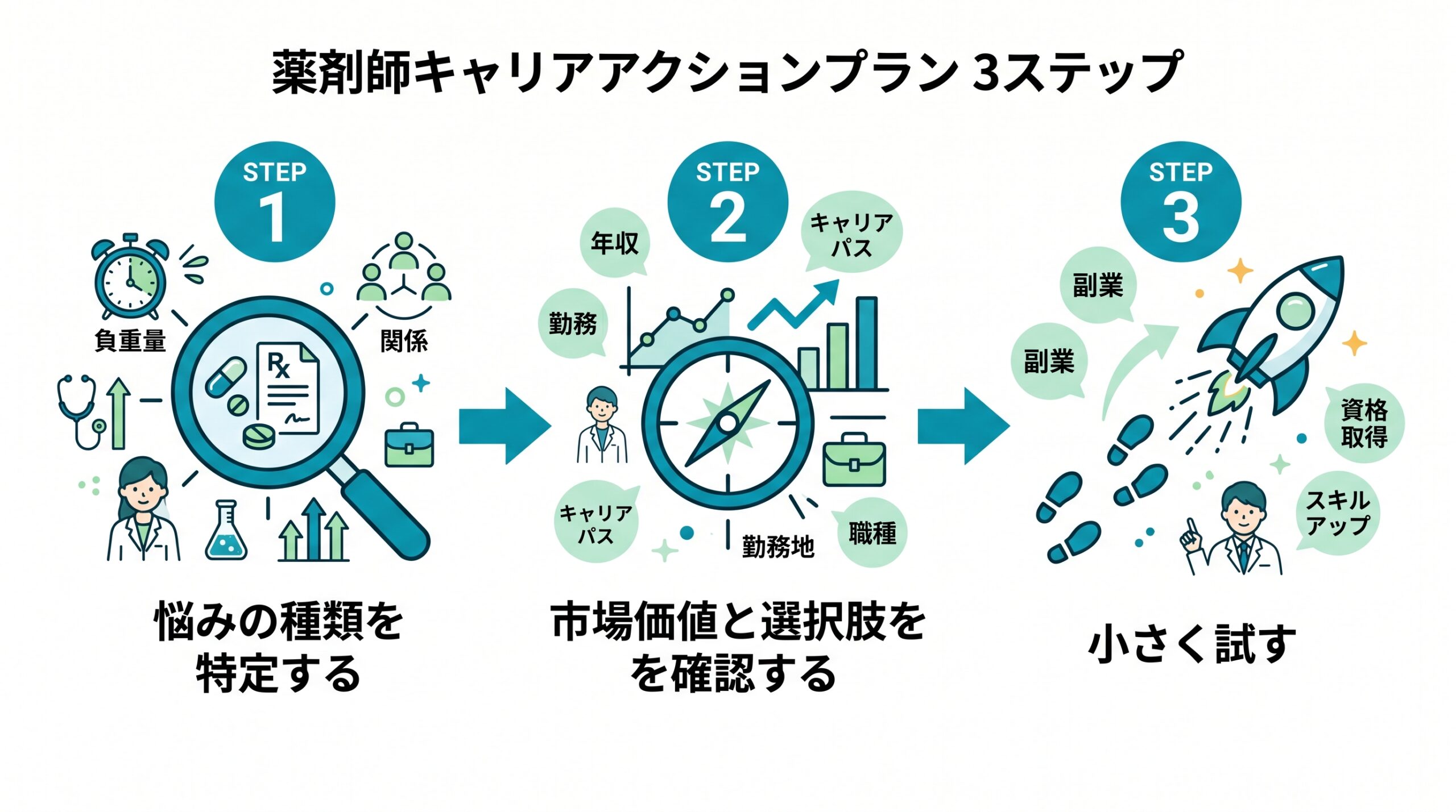 薬剤師キャリアアクションプラン3ステップ:悩みの種類を特定する→市場価値と選択肢を確認する→小さく試す