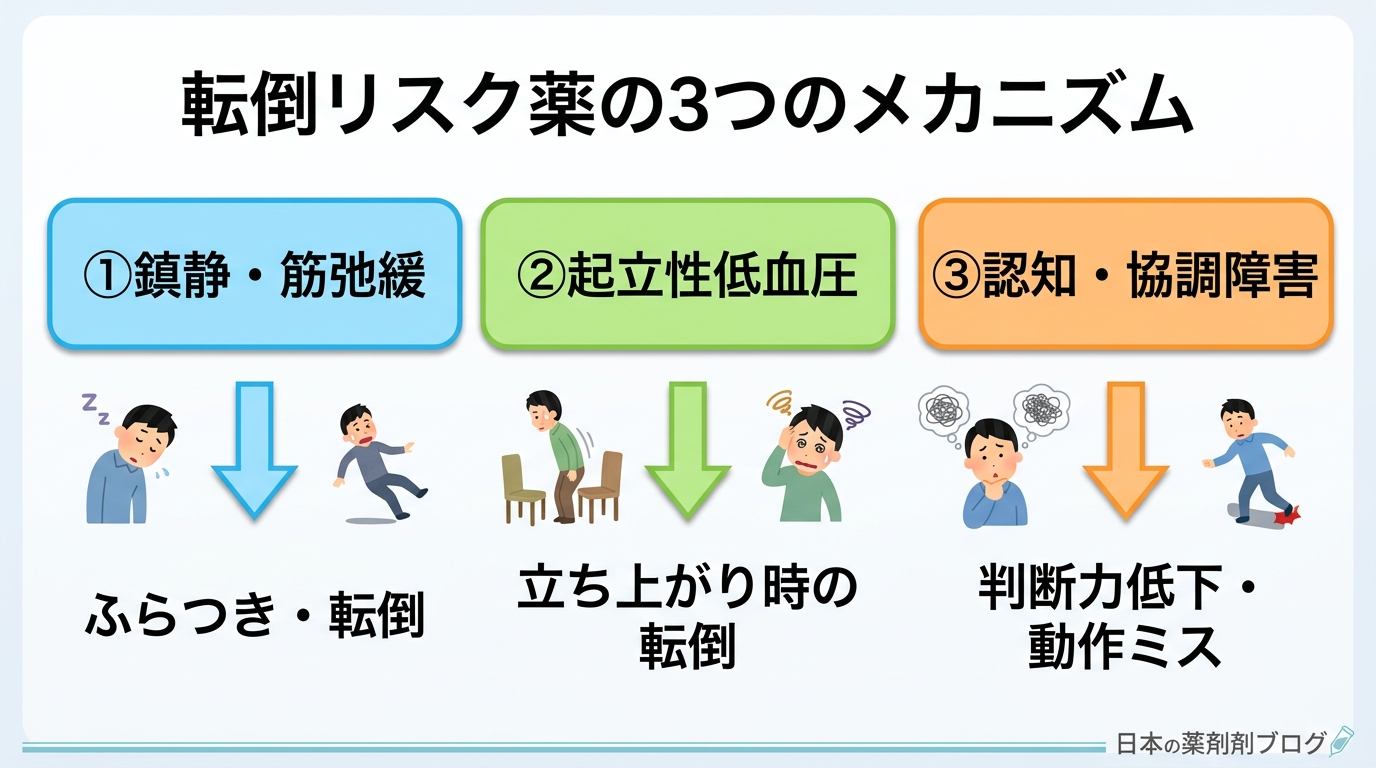 転倒リスク薬の3つのメカニズム：鎮静・筋弛緩、起立性低血圧、認知・協調障害
