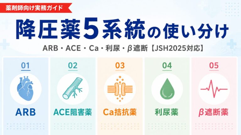 【比較表あり】降圧薬5系統の使い分け｜ARB・ACE阻害薬・Ca拮抗薬・サイアザイド系利尿薬・β遮断薬の選び方【薬剤師向け2026年版】