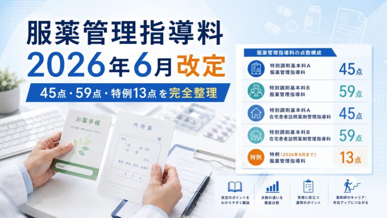 【2026年6月改定】服薬管理指導料1・2・3・4の点数と算定要件｜お薬手帳・かかりつけ薬剤師統合・特例13点まで完全ガイド