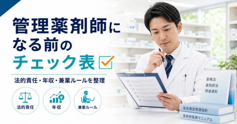 【薬剤師向け】管理薬剤師になる前のチェック表｜法的責任・年収相場・兼業ルールを薬機法ベースで整理【2026年版】