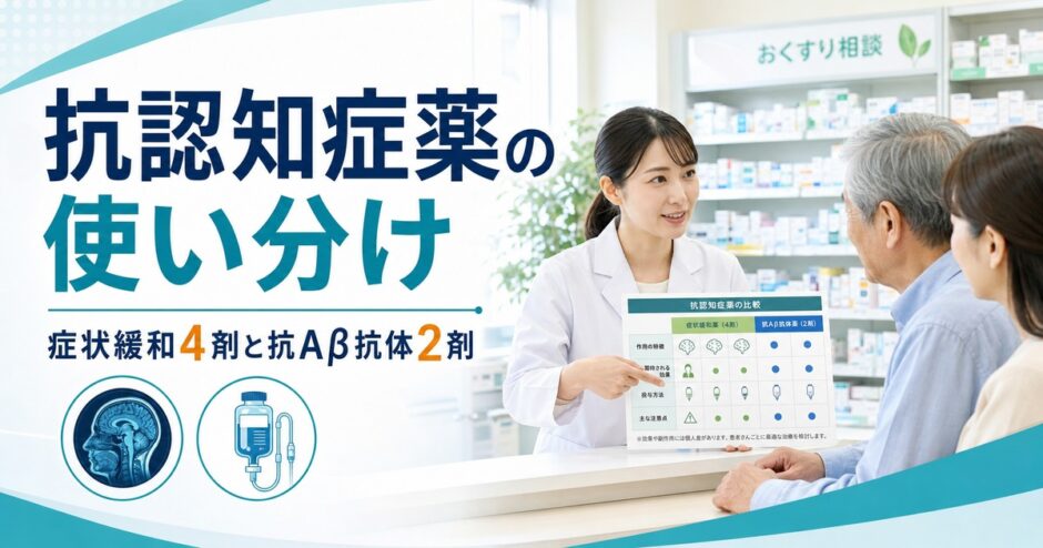 薬剤師が高齢患者家族へ抗認知症薬の使い分けを説明しているアイキャッチ