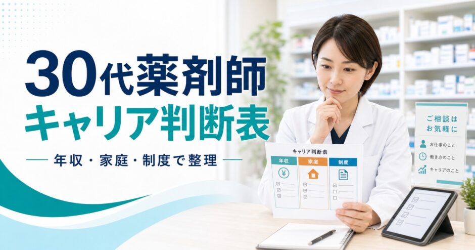 30代薬剤師キャリア判断表のアイキャッチ。年収・家庭・制度で整理する薬剤師の画像