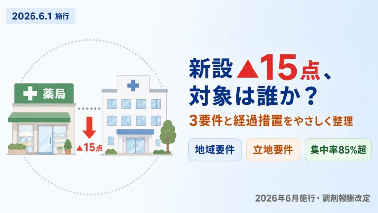 【2026年6月新設】門前薬局等立地依存減算▲15点を完全解説｜対象薬局・立地判定の3要件・既存薬局の経過措置