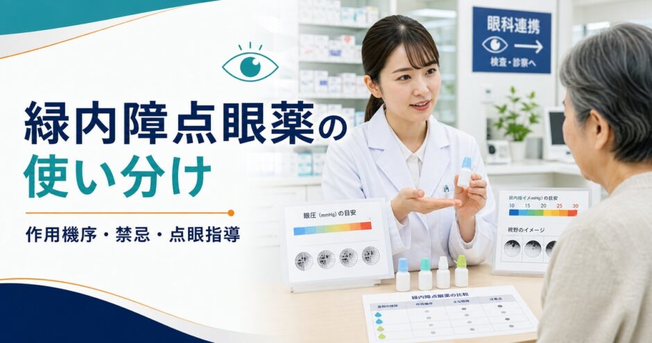薬剤師が患者へ緑内障点眼薬の使い分けと点眼指導を説明しているアイキャッチ