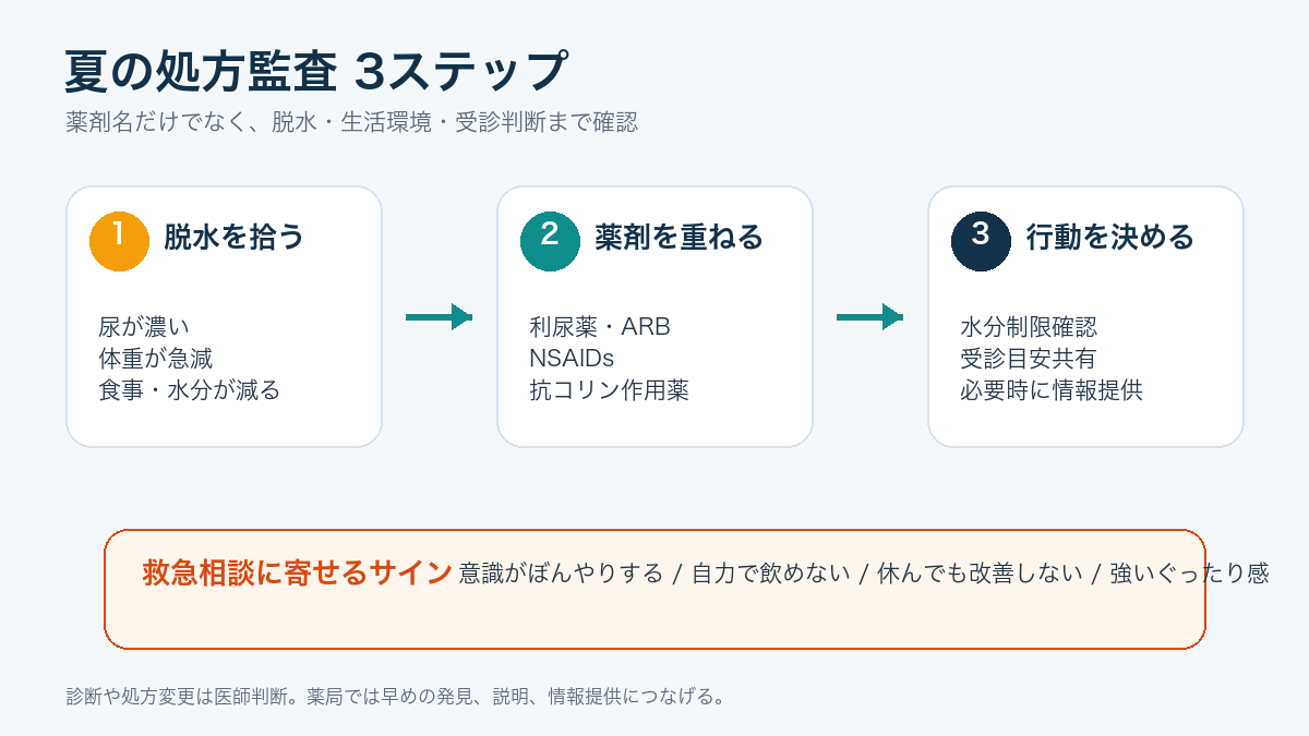 夏の処方監査で確認する薬剤リスクの3視点