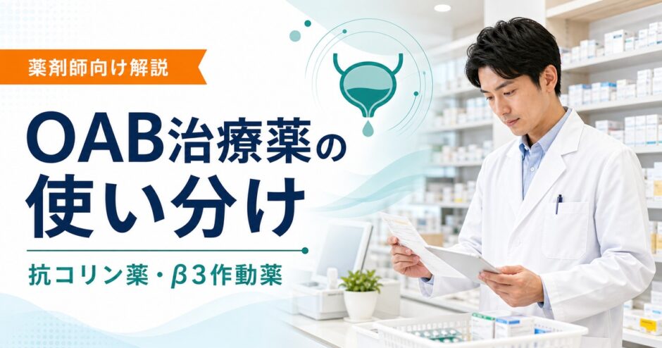 薬剤師が過活動膀胱治療薬の抗コリン薬とβ3作動薬を比較している記事のアイキャッチ