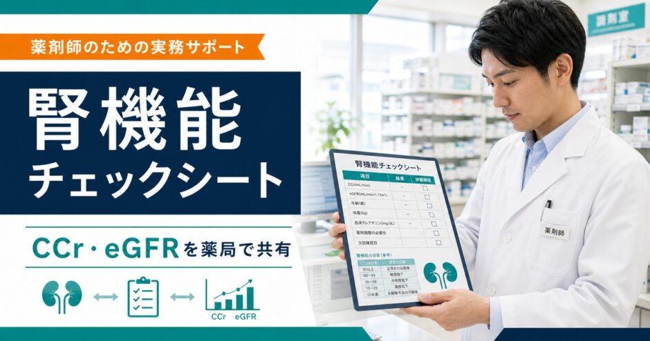 薬剤師が腎機能チェックシートでCCrとeGFRを確認しているアイキャッチ