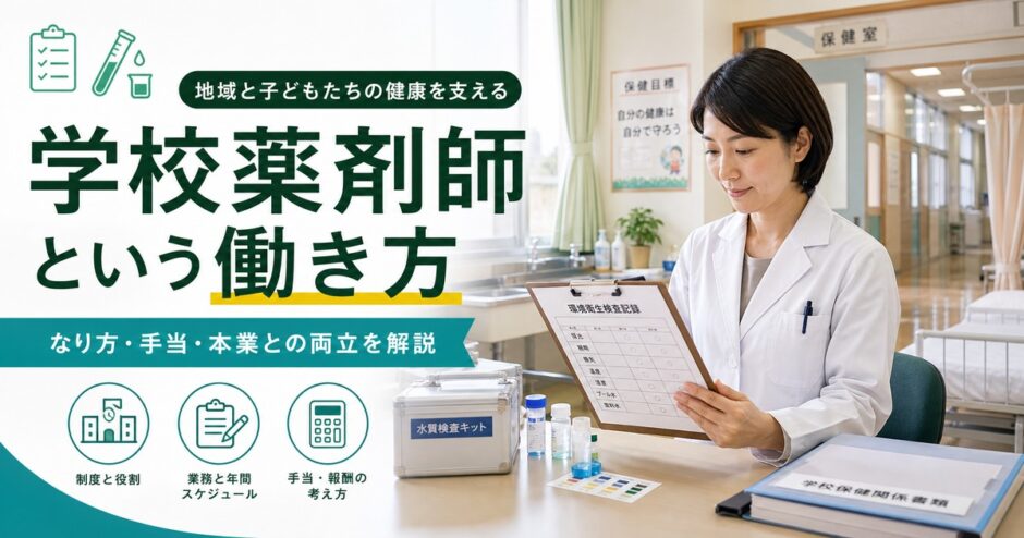 学校薬剤師という働き方を表すアイキャッチ。学校保健室で薬剤師が環境衛生記録を確認している。