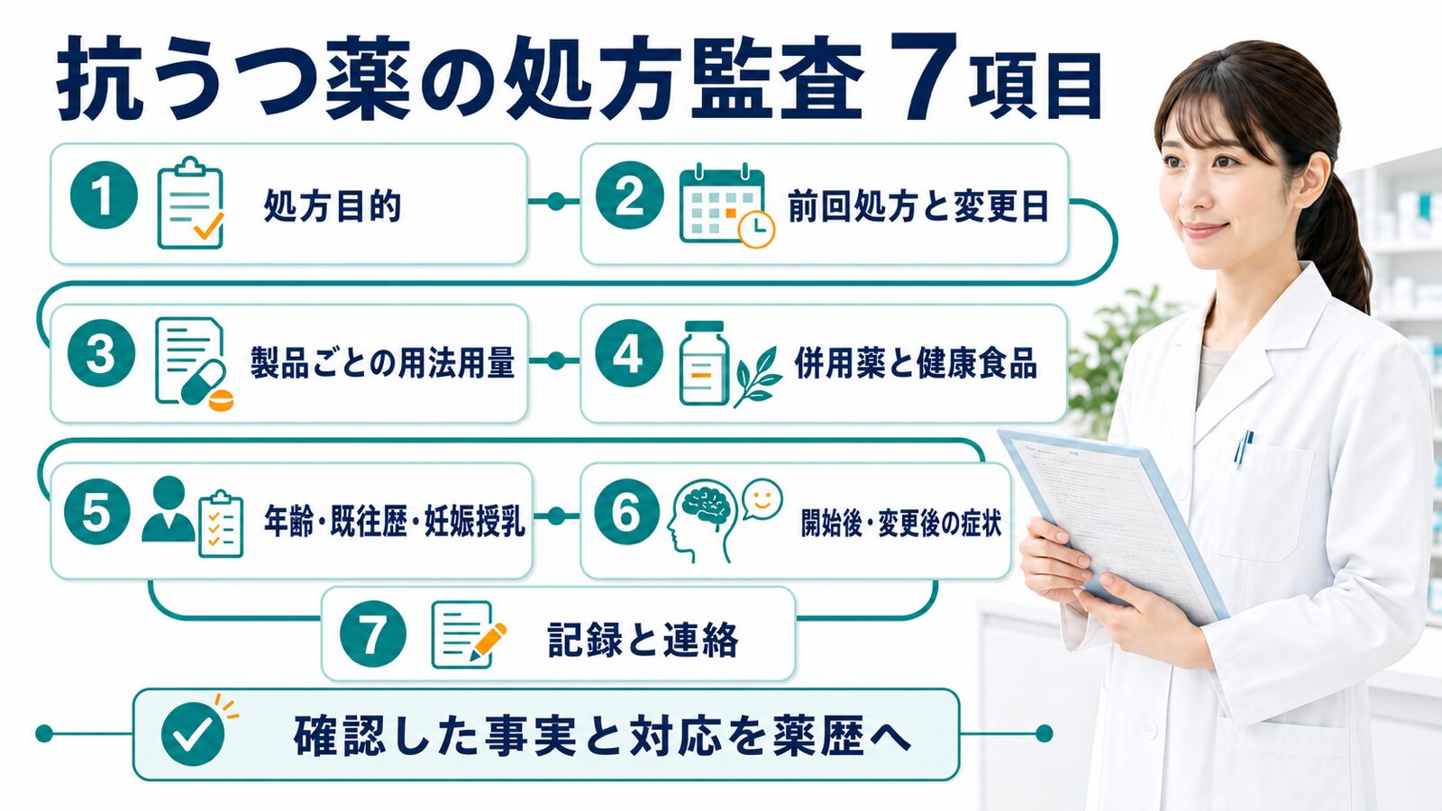 抗うつ薬の処方監査で確認する処方目的、変更日、用法用量、併用薬、患者背景、症状、記録の7項目