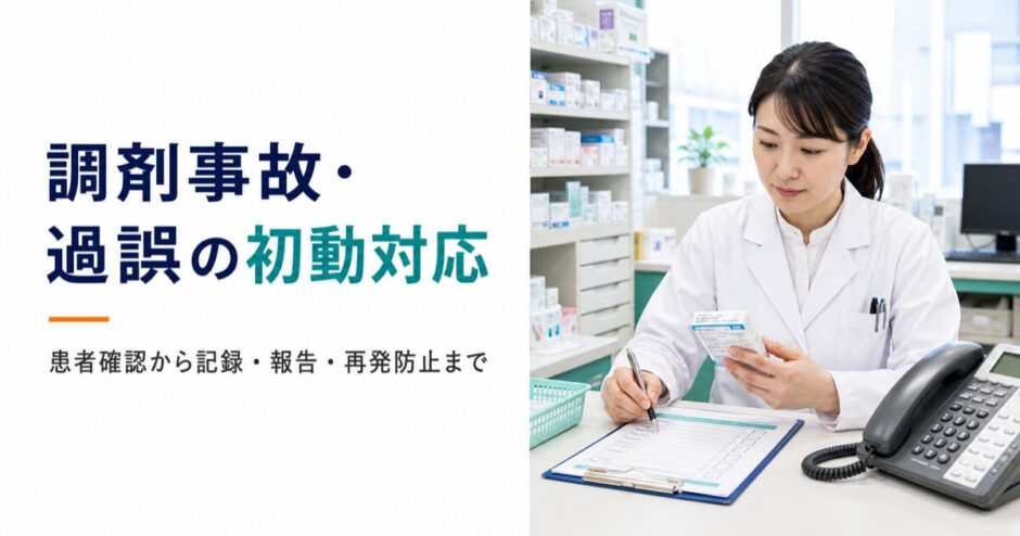 薬剤師が薬剤と対応チェックシートを確認する調剤事故・過誤の初動対応記事アイキャッチ
