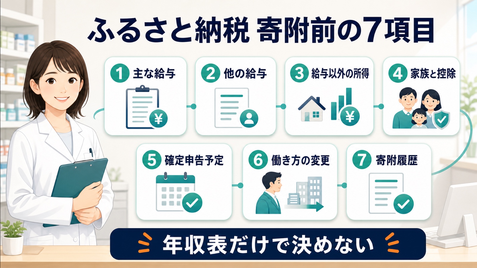 ふるさと納税の寄附前に主な給与、他の給与、給与以外の所得、家族と控除、確定申告予定、働き方の変更、寄附履歴を確認する図