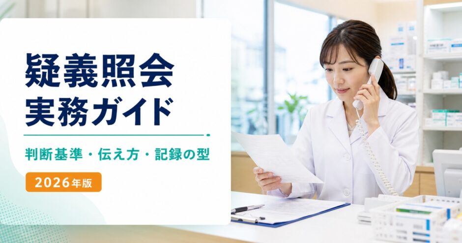 疑義照会実務ガイドのアイキャッチ。薬剤師が処方箋を確認し医師へ照会している場面
