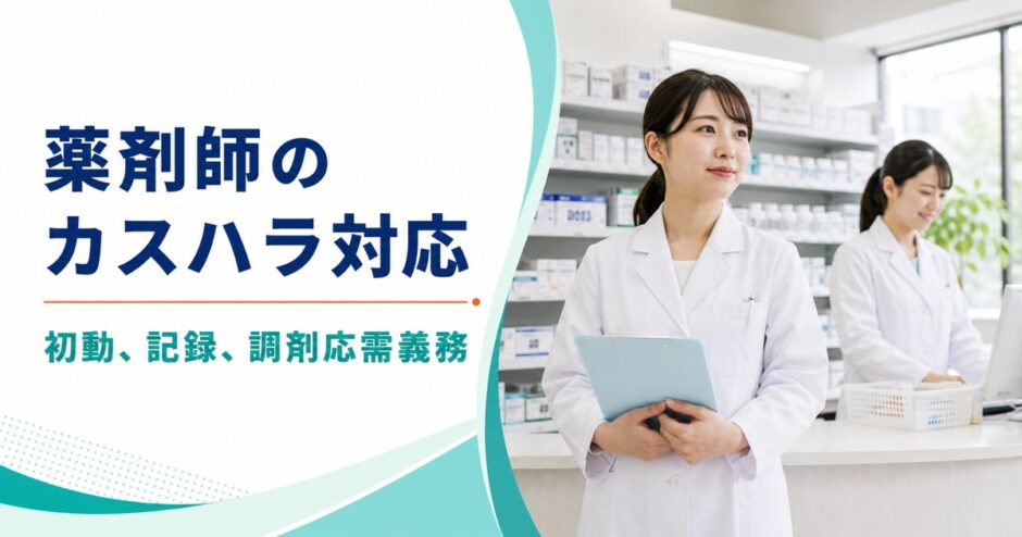 明るい薬局で二人の薬剤師が連携する薬剤師のカスハラ対応記事アイキャッチ