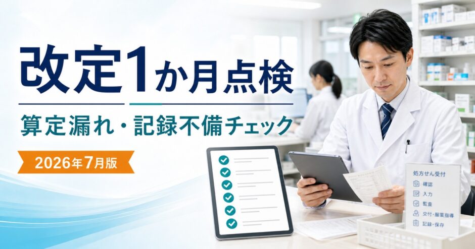 令和8年調剤報酬改定の施行1か月点検を示すアイキャッチ