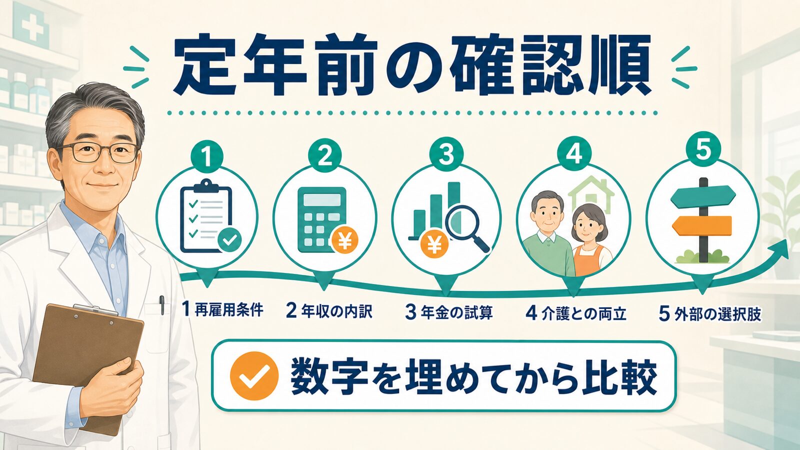 50代薬剤師が再雇用条件、年収、年金、介護、外部選択肢の順に確認する図解