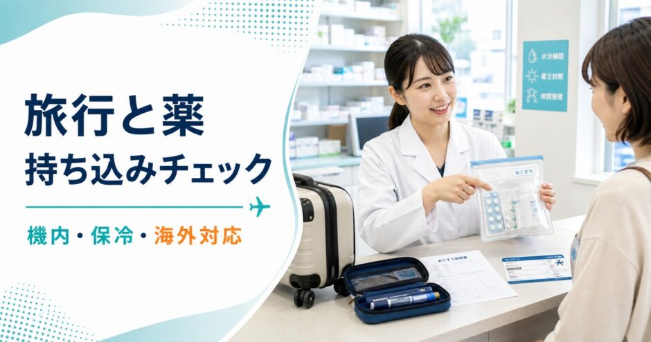 薬剤師が旅行前の薬の機内持ち込み、保冷、海外対応を説明している記事アイキャッチ