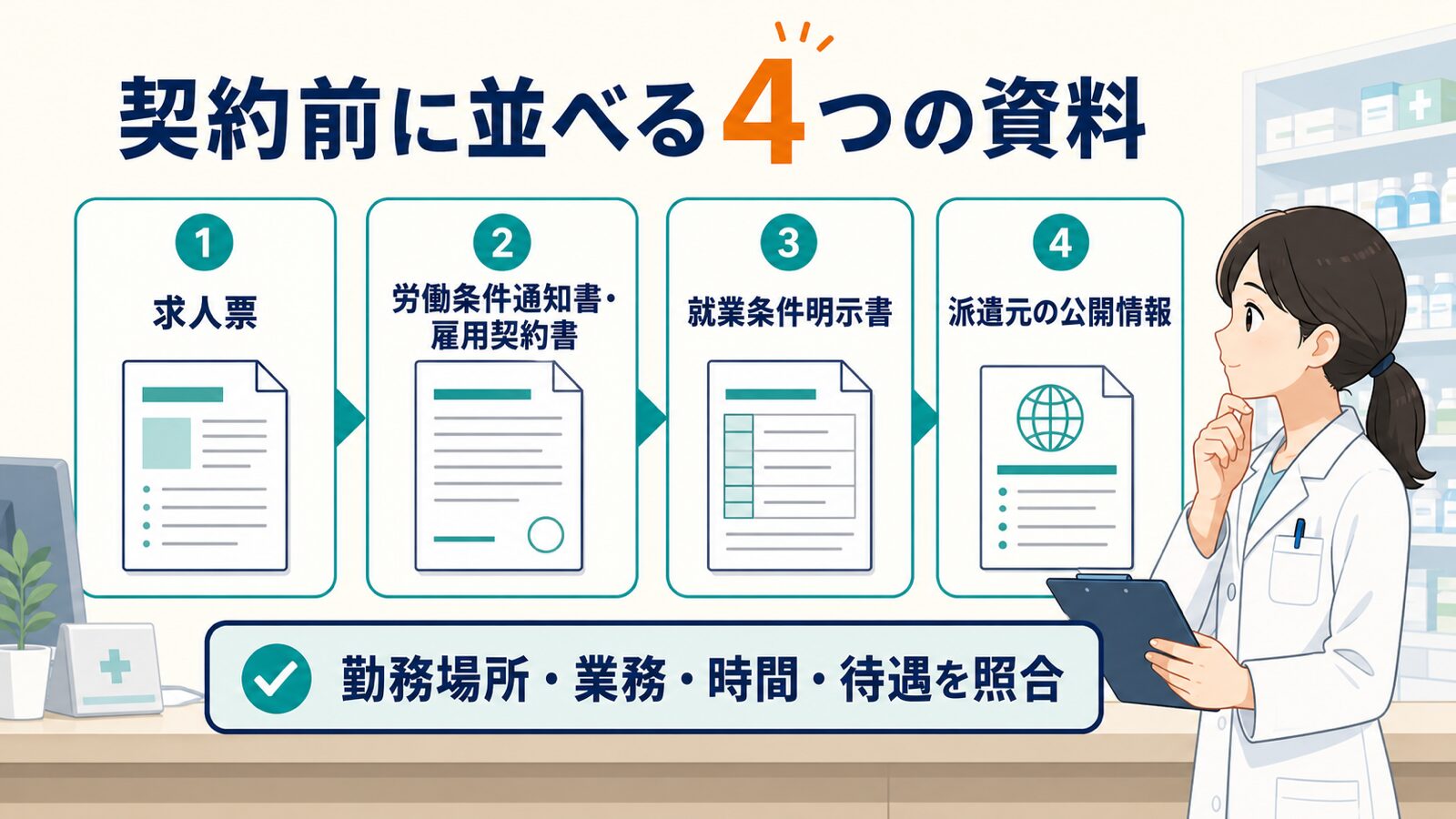派遣薬剤師が契約前に求人票、雇用契約書、就業条件明示書、派遣元の公開情報を照合する図