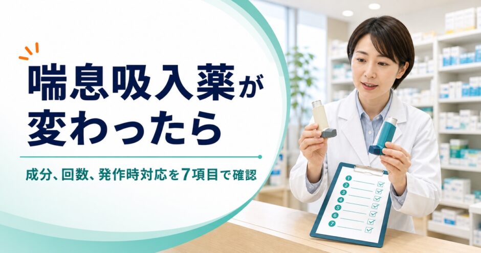 喘息吸入薬が変わったときに成分、回数、発作時対応を7項目で確認する薬剤師