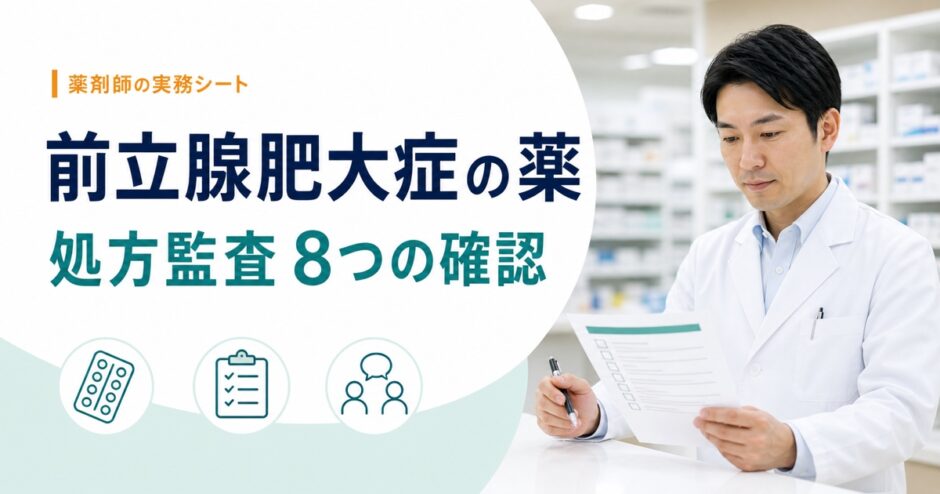 前立腺肥大症の薬の処方監査8項目を示す薬剤師向けアイキャッチ