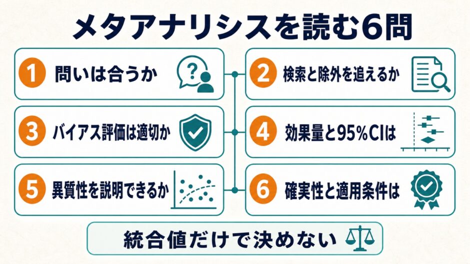 問い、検索、バイアス、効果量、異質性、確実性を確認するメタアナリシス6問シート