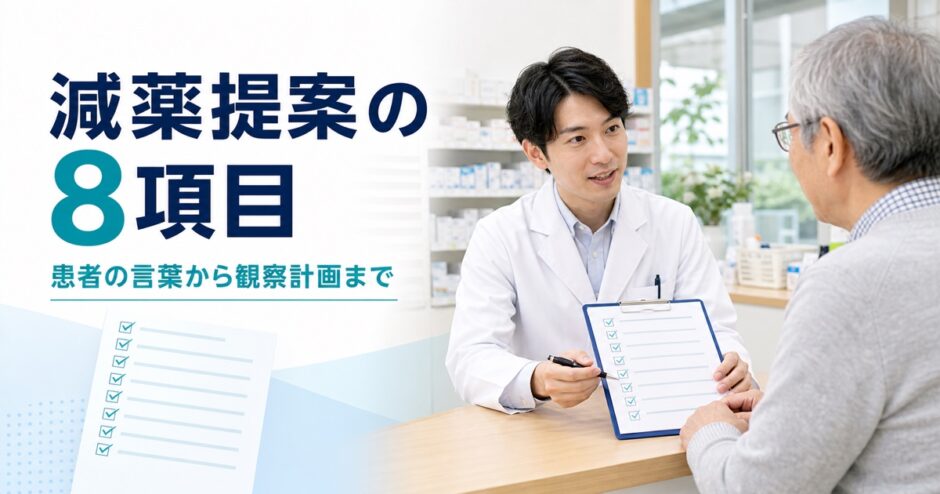 薬剤師が高齢患者と減薬提案前の8項目を確認する様子