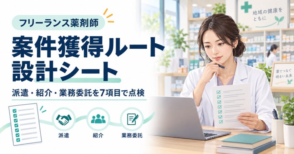 フリーランス薬剤師の案件獲得ルート設計シート。派遣、紹介、業務委託を7項目で点検