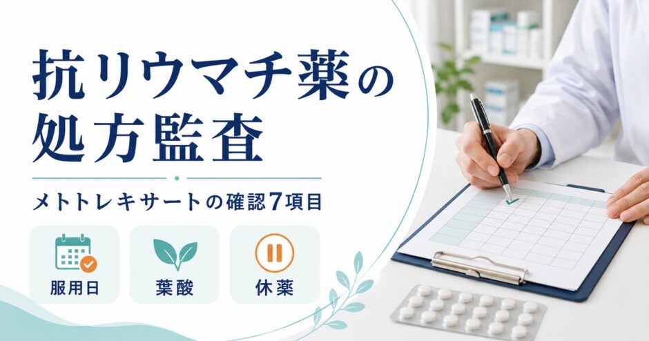 抗リウマチ薬の処方監査。メトトレキサートの服用日、葉酸、休薬を確認する7項目。