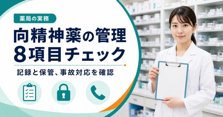 薬局の向精神薬管理を記録、保管、事故対応の8項目で確認するアイキャッチ
